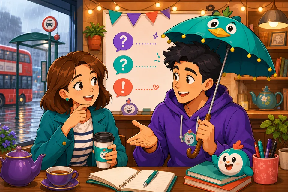 Anna and David practicing basic questions together at a table, using short English phrases in conversation.