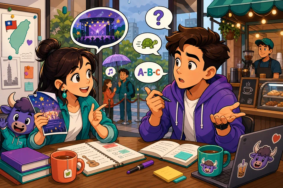 Anna and David talking about a surprise concert while practicing English follow-up questions.