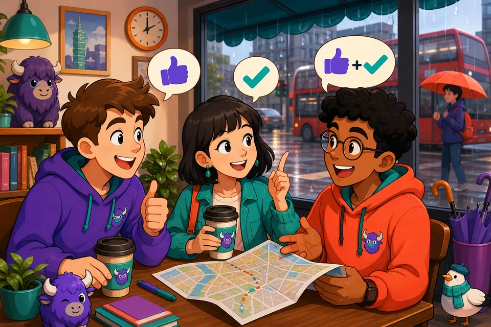 A friendly discussion scene with speech bubbles showing simple English responses like “I agree” and “Do you agree?”