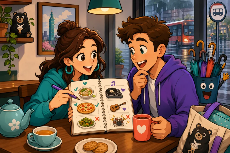 Anna and David talk casually about food and weekend plans, using English preference phrases in conversation.