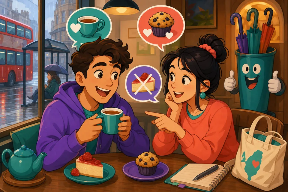 A cozy café table with snacks and drinks, showing an English lesson about saying what you like and prefer.
