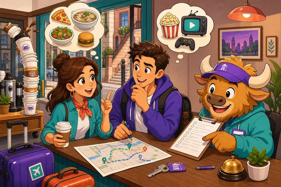 Anna and David discuss dinner options in English, using preference phrases to choose between pizza, noodles, and salad.
