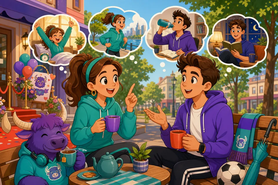 Anna and David chatting about exercise and daily routines in English while walking outside.