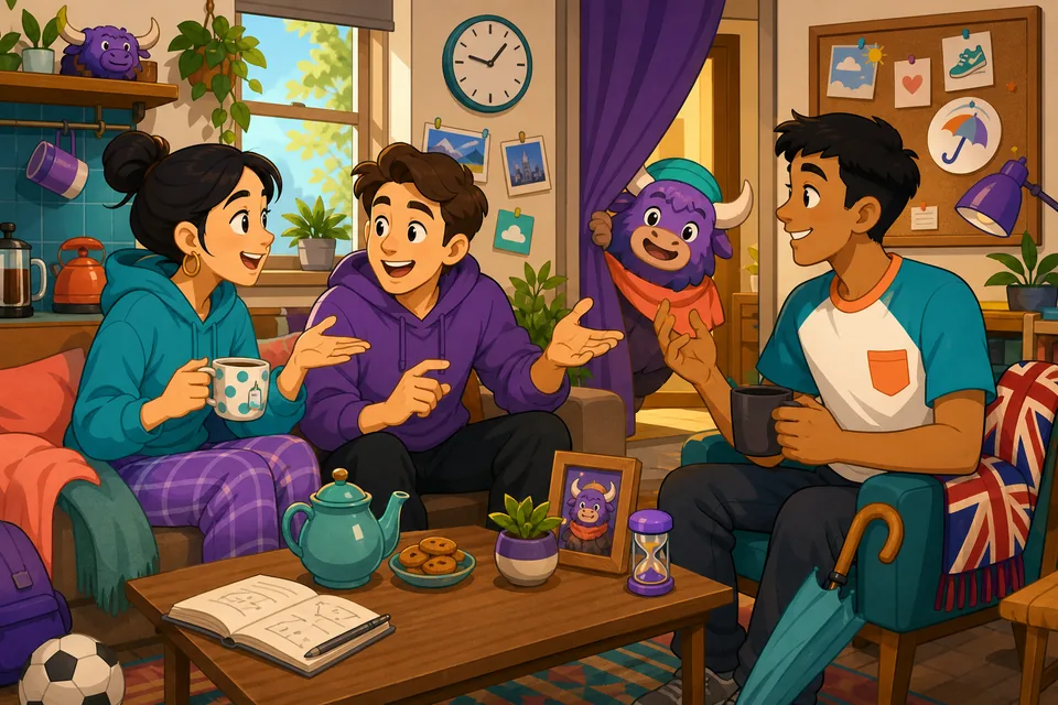 A cozy morning routine scene for English learning, showing coffee, a phone alarm, and a notebook about habits.