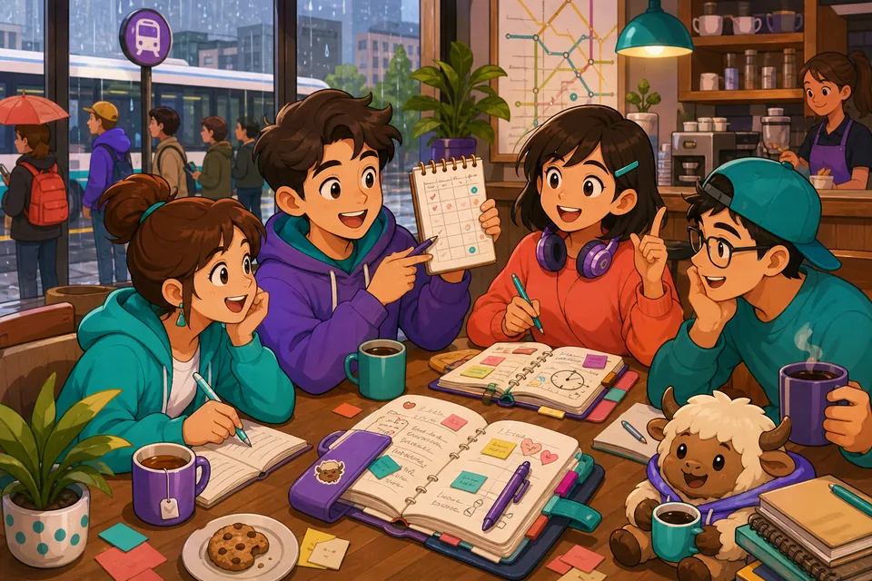 A morning routine scene with coffee, shoes, and a calendar, showing English practice for talking about habits.