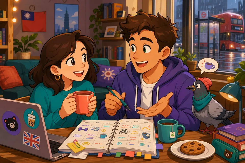 Anna and David chatting casually about how often they exercise, cook, and visit family in an English conversation.