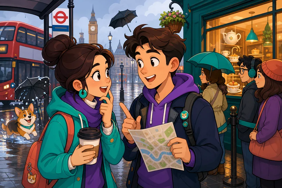 A friendly conversation scene showing learners using English to explain decisions and ask why things happened.