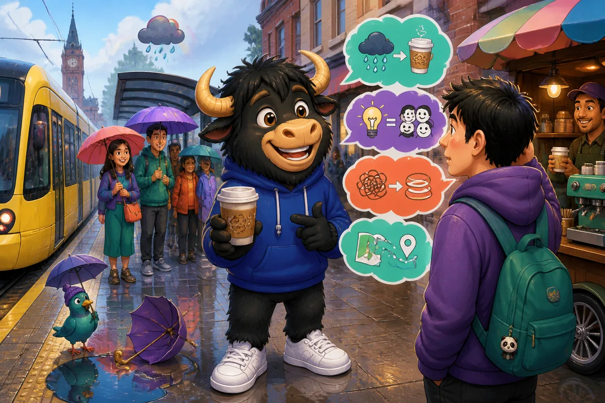 A friendly teacher explaining simple cause-and-effect phrases in English, suitable for B1 learners.