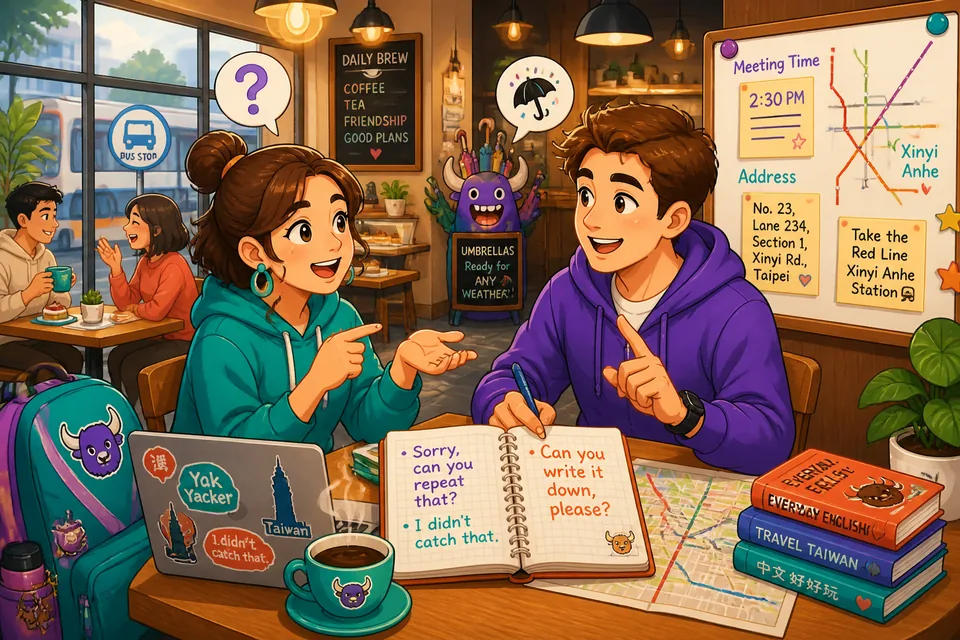 Anna and David in a cafe using repair phrases to check understanding and ask for spelling and repetition.