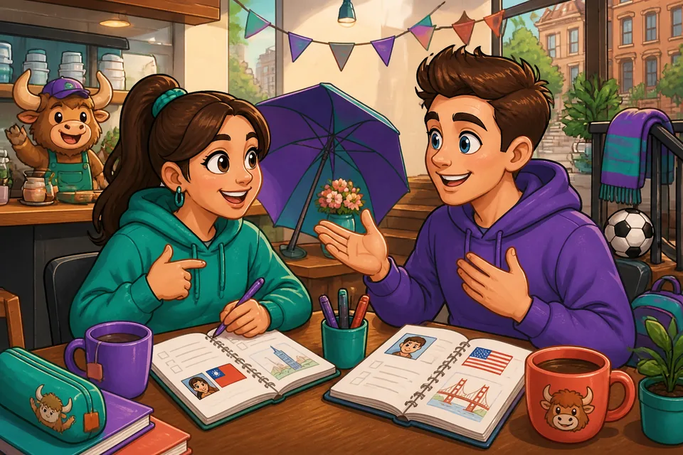 Anna and David exchanging simple identity phrases: name, origin, where they live, and age.