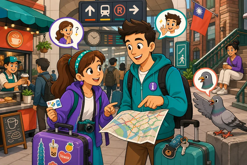Anna and David talk politely at a station entrance, using English phrases for help, repetition, and kindness.