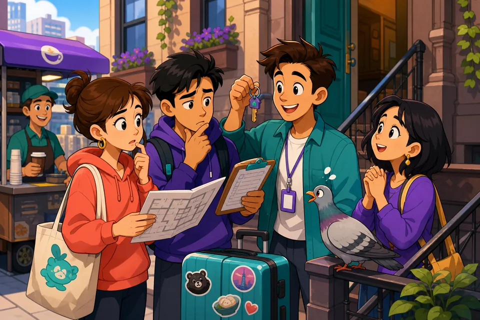 A friendly street scene shows everyday English politeness for asking help, saying sorry, and giving thanks.