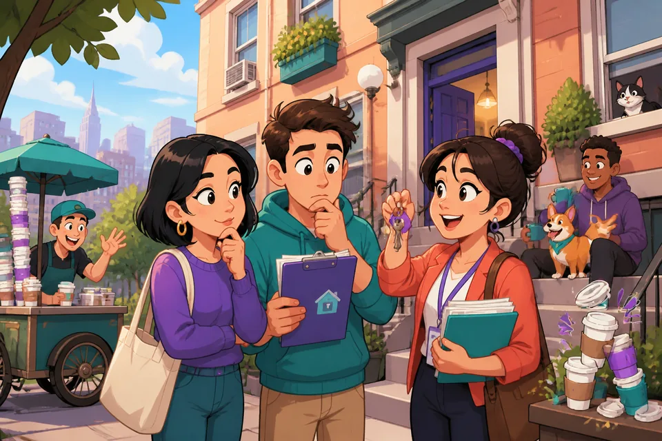 An apartment building and neighborhood scene to introduce phrases about where you live and what your building has.
