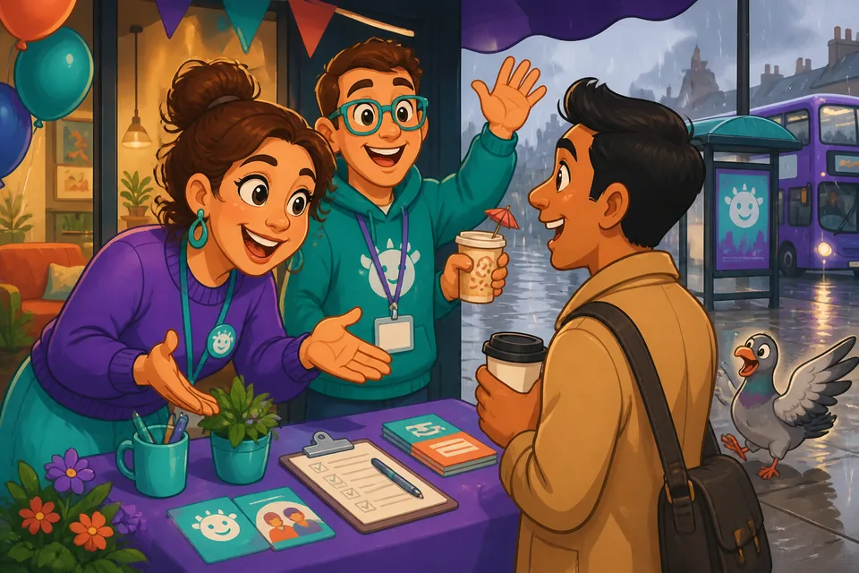 A friendly office scene showing someone asking about another person's job; image supports listening and speaking practice about work.