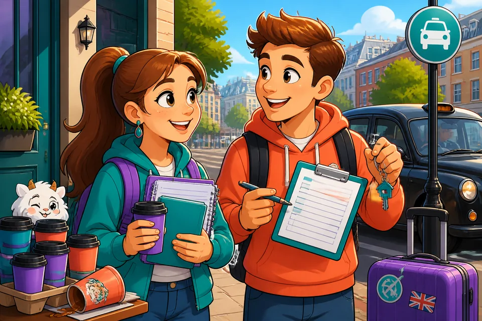 Anna and David discussing grade level, subjects, tests and borrowing supplies — English practice for school conversations.