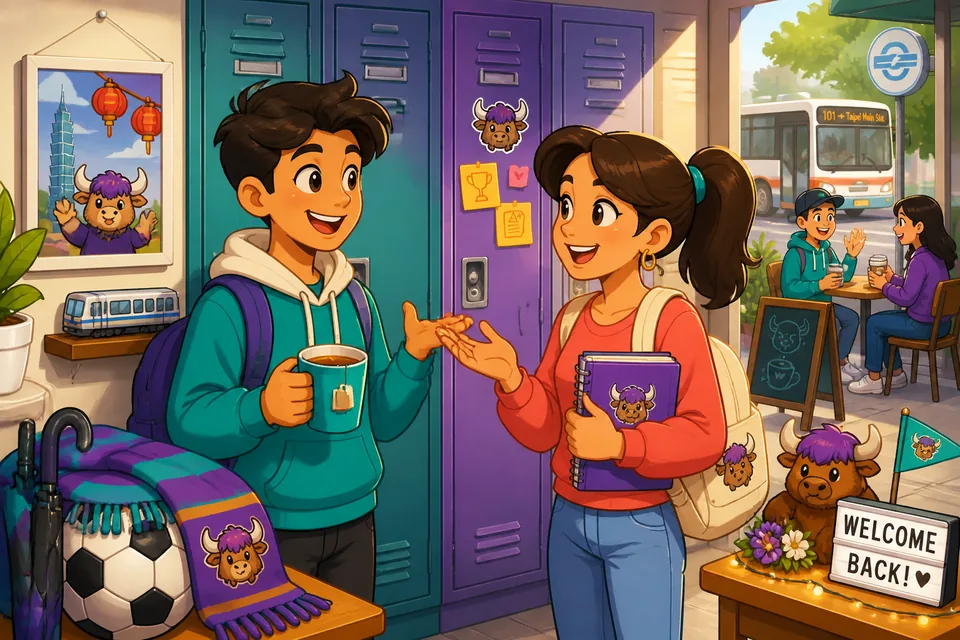 Anna and David meet after class and use everyday school phrases like asking to turn in work and reporting test scores.
