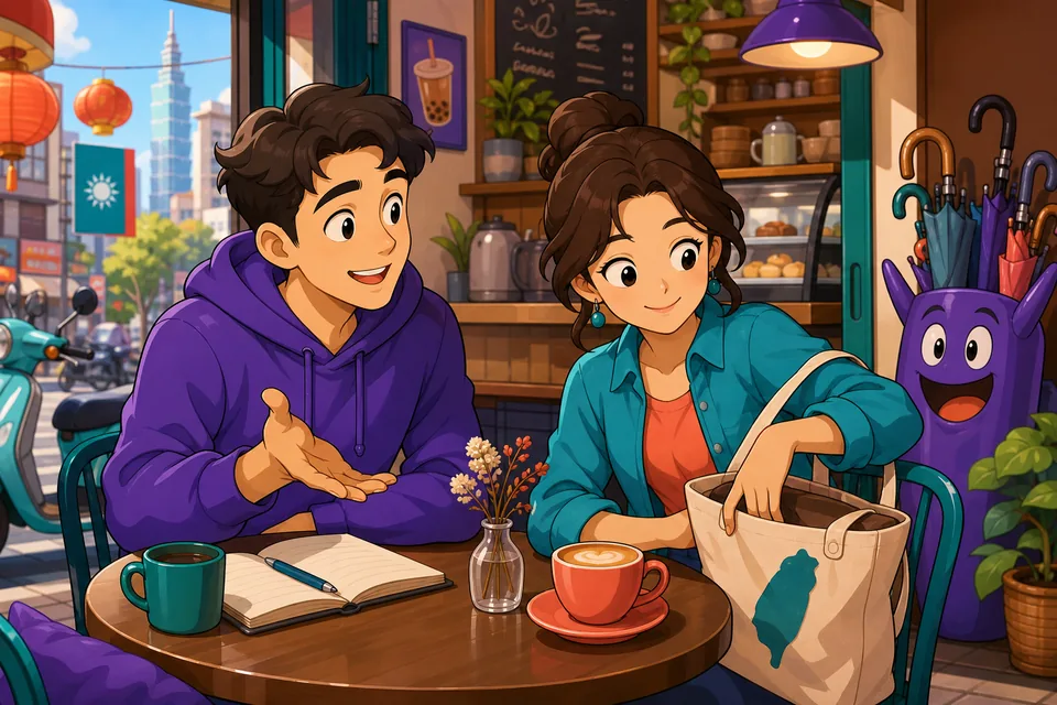 Anna and David use polite English phrases while sharing items and solving a small problem.