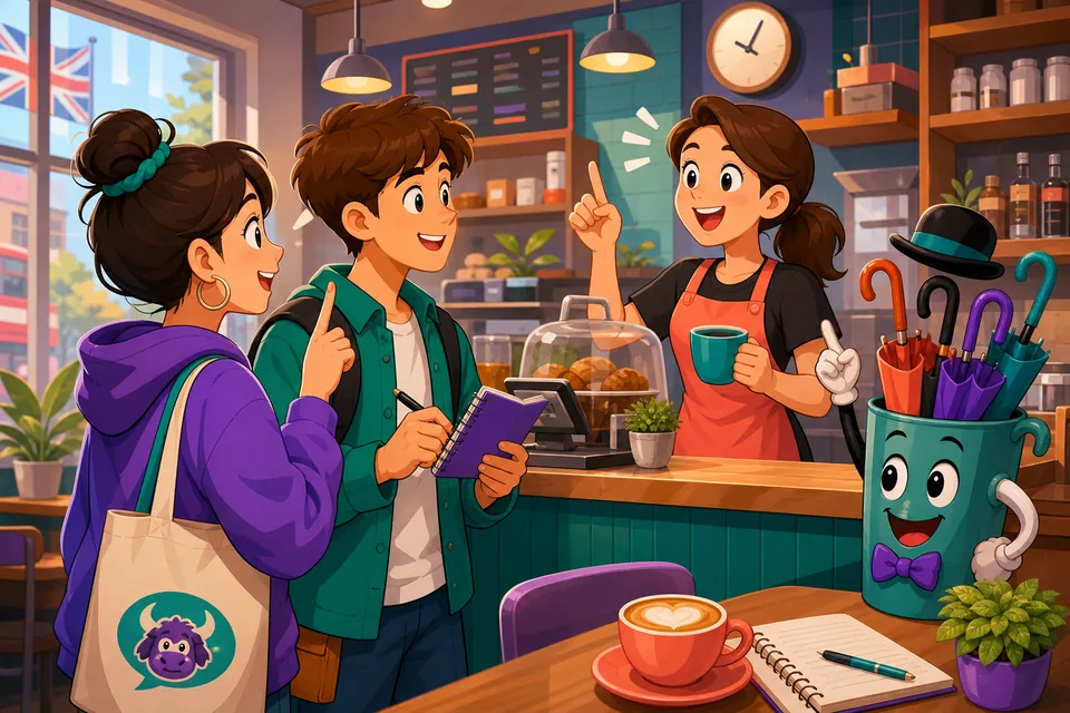 A learner practicing simple English politeness phrases like “please,” “thanks,” and “Is that okay?” in a calm daily setting.