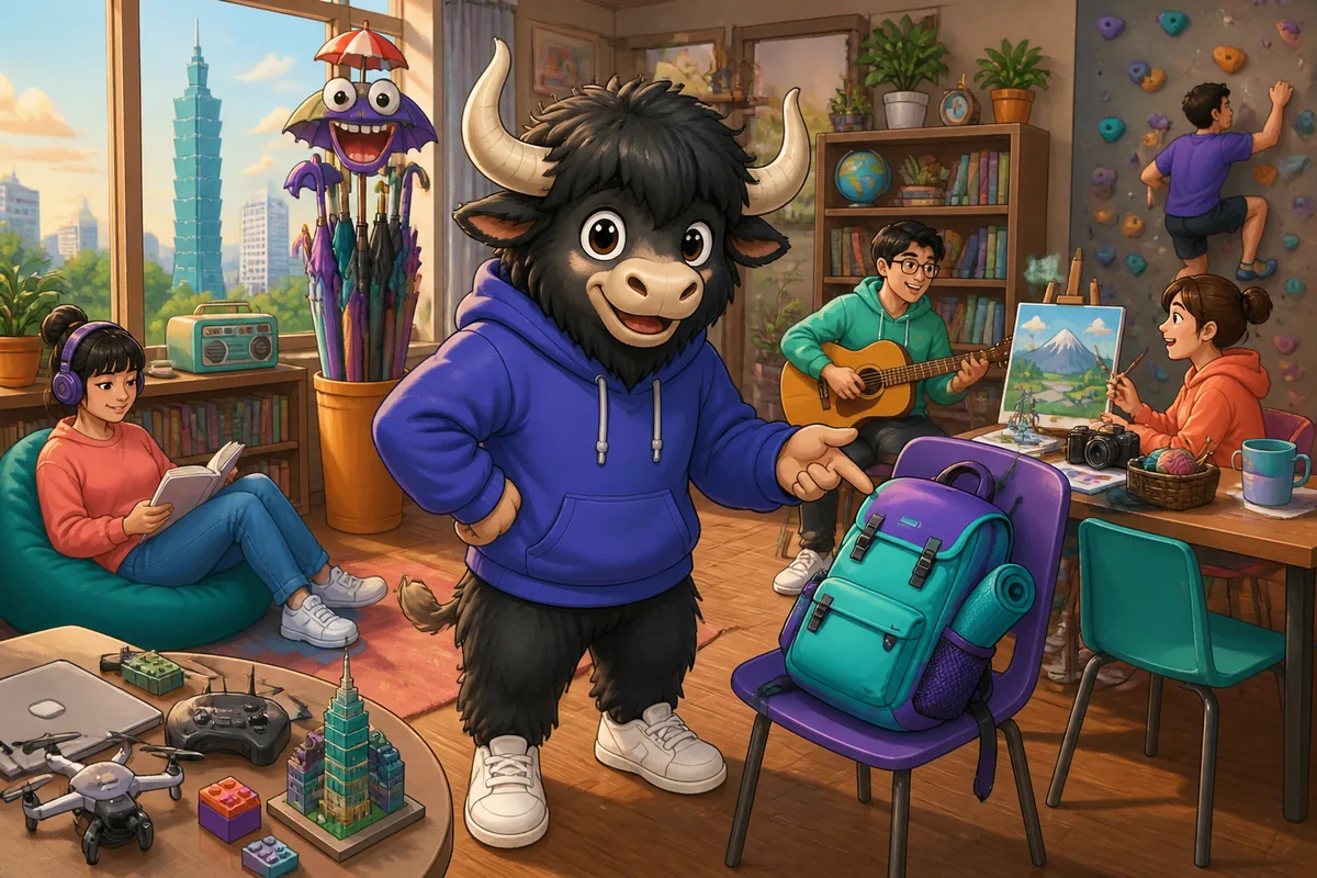 Learner smiling while holding a paintbrush and a guitar — English lesson about hobbies and speaking practice.
