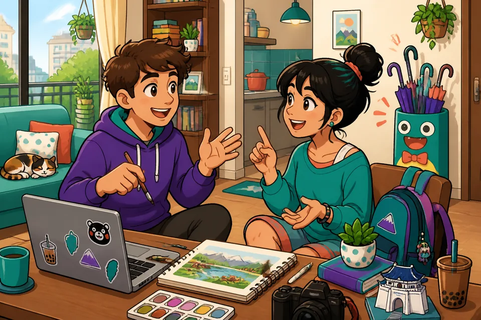 Two friends talking at a café about hobbies — listening practice for A2 learners.