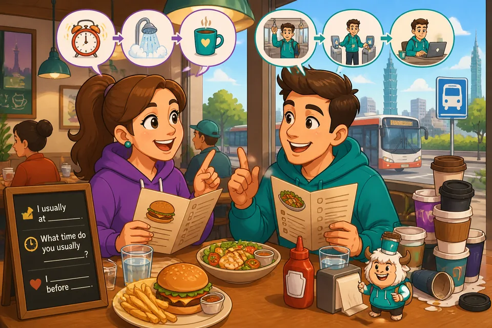 Anna and David smiling while they describe when they leave home and what they do after work — English lesson on daily routines.