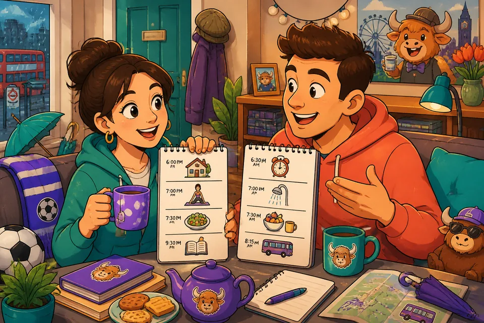 Anna and David talking about wake-up times, breakfast, and going to bed — daily routine practice.