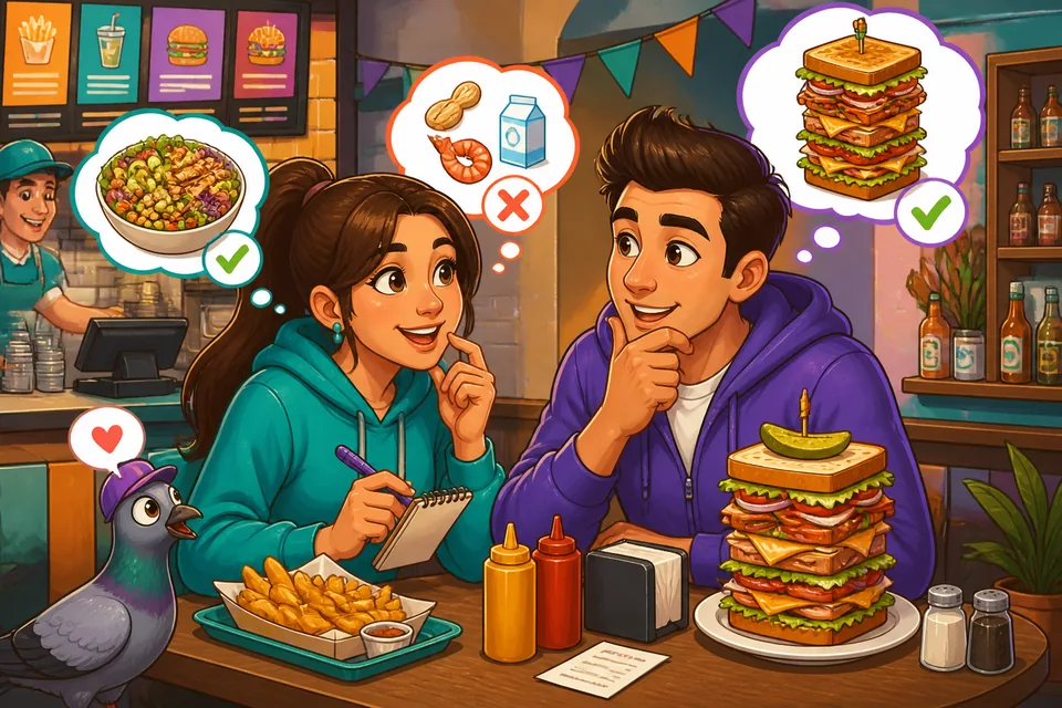 Anna and David talk at a table about allergies, what they like, and what they politely refuse — English learning scene.