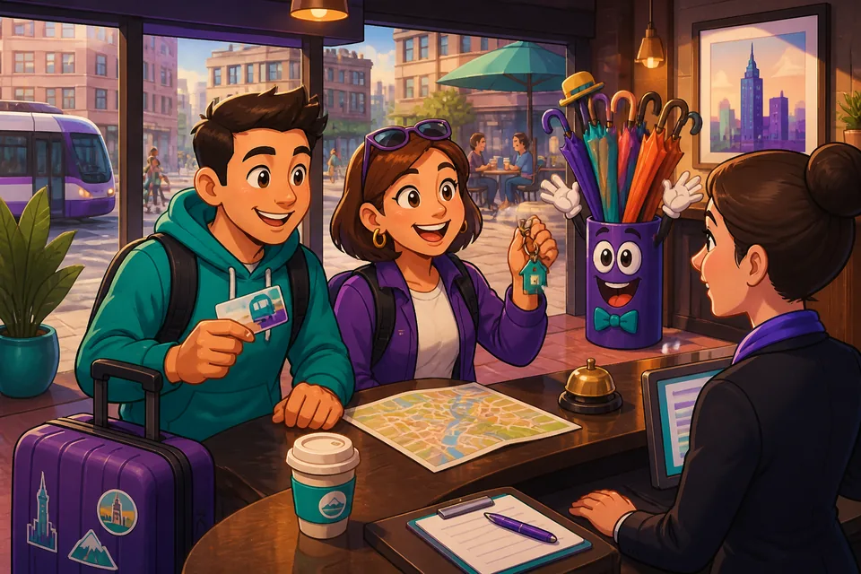 Two friends sitting at a café talking about where they traveled last year—English learning focused on travel experience.