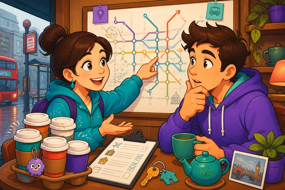 Anna and David sitting at a table, using travel-story phrases to describe surprises and helpful people they met.