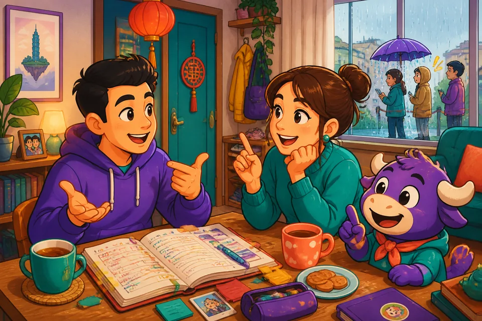 Two people talking about a past event, showing how to use background and reflection phrases in English.