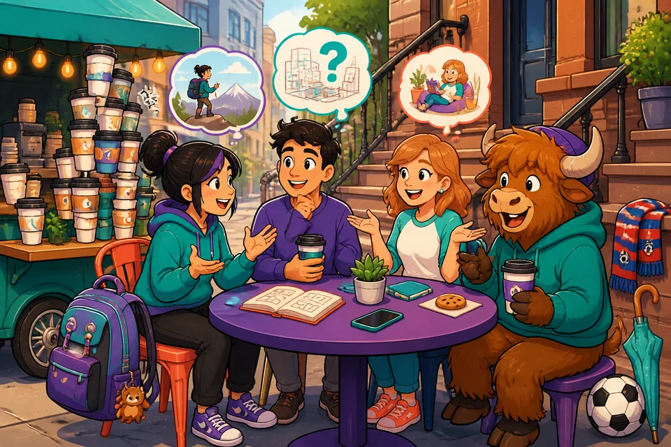 Two friends checking each other's schedules and talking about saving money for a trip — lesson on future plans.