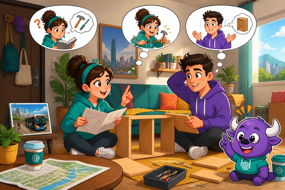 Anna and David discuss whether to try a new activity and who will attempt it, practicing ability phrases in English.