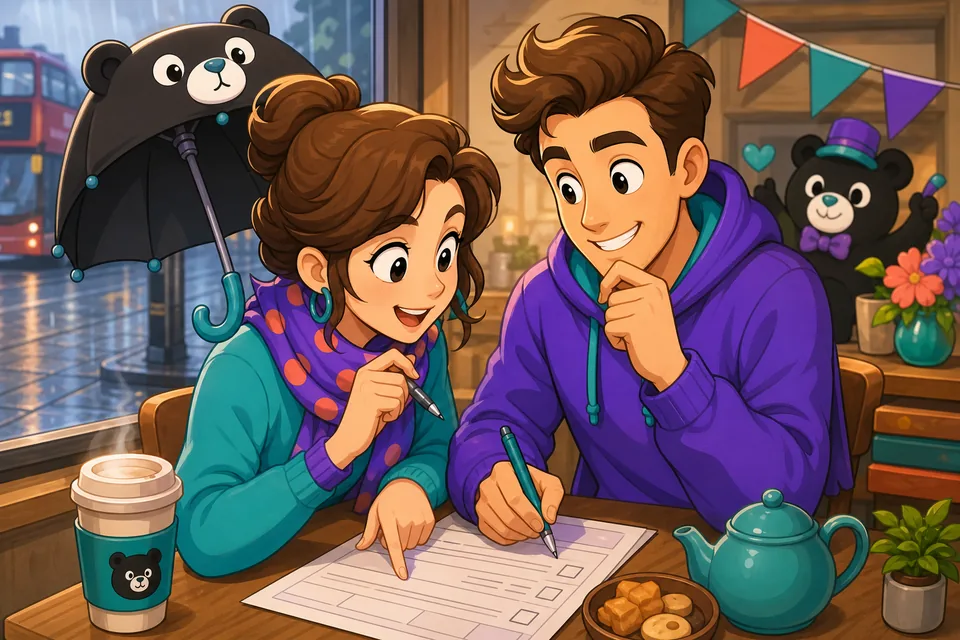 Two people look at options together and use English phrases like “Which one?” and “Is this correct?”