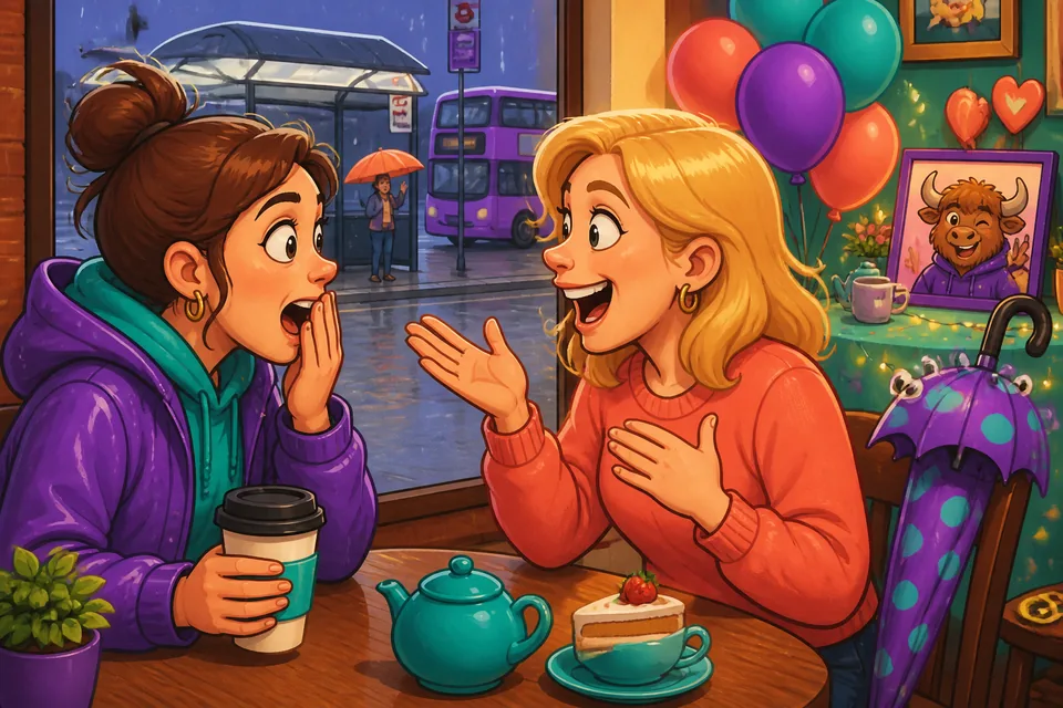 Anna and David talking and reacting with surprise — mini-dialogue practice for English learners.