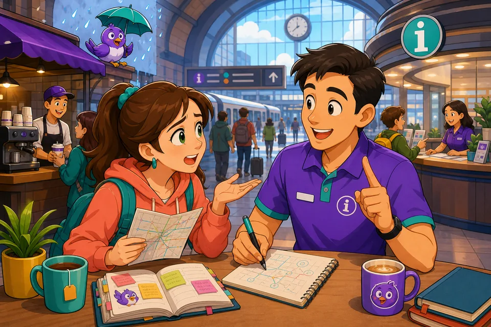 Anna talks to David at a public information desk and uses simple English help phrases.