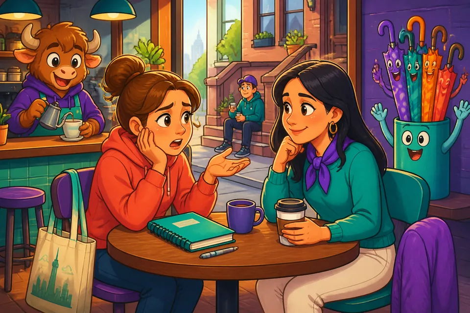 A small cafe scene where a learner listens and practices empathetic English responses.