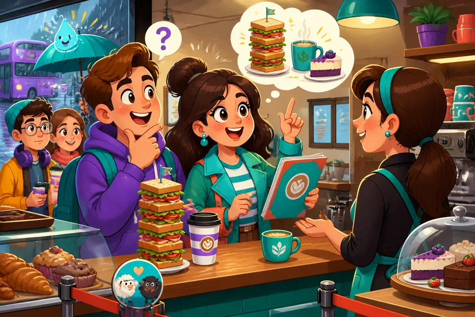 Two people talking in a café: one asks to see the menu, orders a small coffee, and requests the bill.
