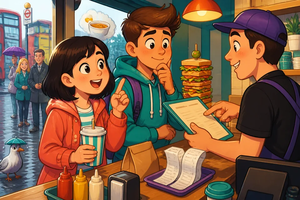 A friendly Parisian café scene showing a customer asking for the menu and ordering politely.