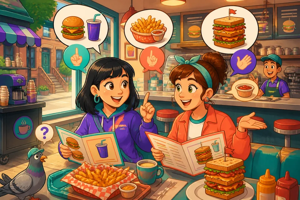 Two people at a table ordering food in French using polite restaurant phrases.
