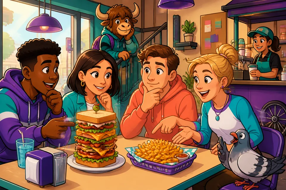 A cozy café scene where a learner practices asking for recommendations and ordering.