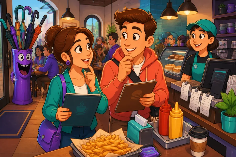 Two friends talking at the café entrance and at the table: reservation, menu request, and ordering.