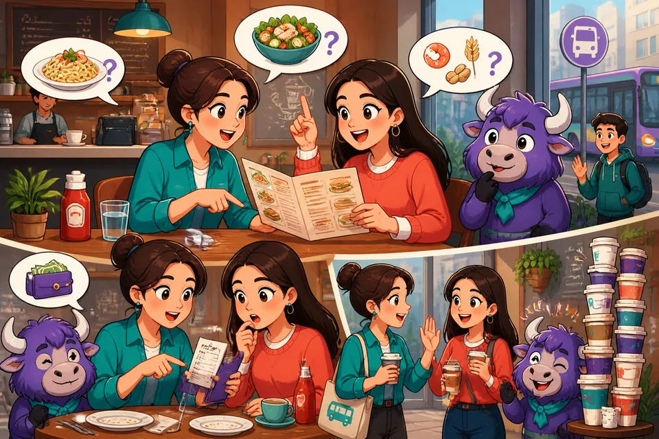 Two friends at a café table discussing a dish and the bill — practice listening and speaking.