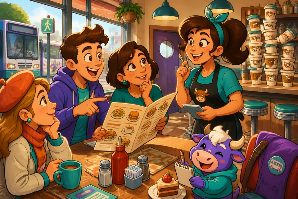 Close-up of a menu and a cup of coffee — perfect for practicing restaurant phrases in French.
