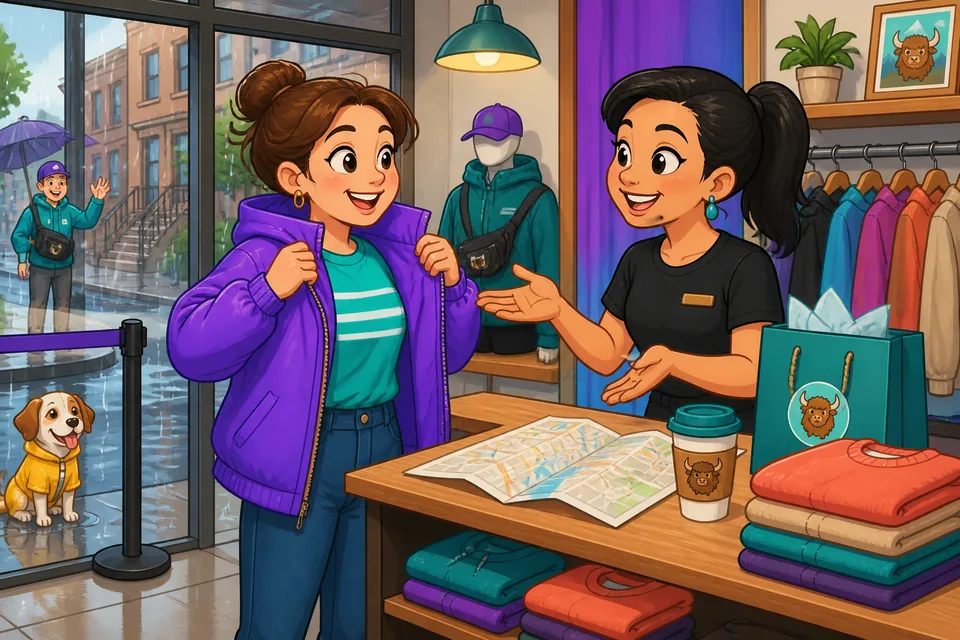 Two people at a store counter practicing a short exchange in French about size and exchange options.