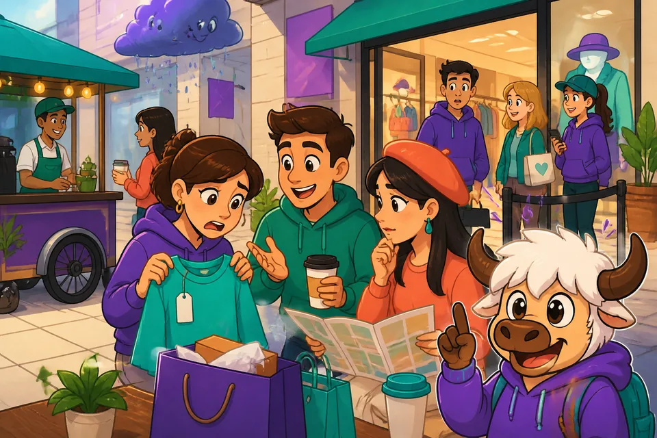 A small clothing shop scene where a customer practices asking to exchange and check prices in French.