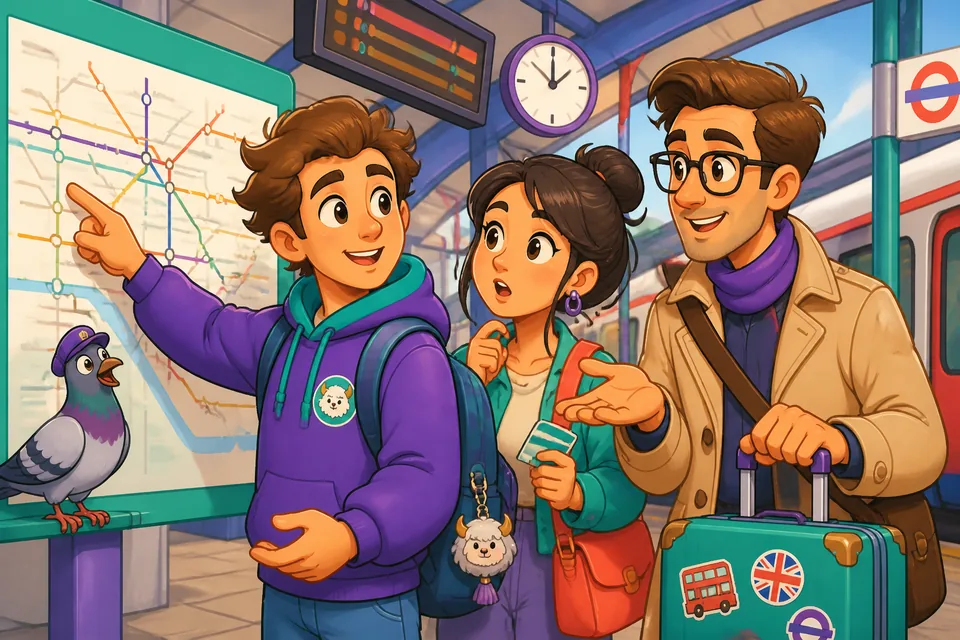 Street scene with a traveler asking Excusez-moi, où est ... ? — perfect for English learners studying French directions.