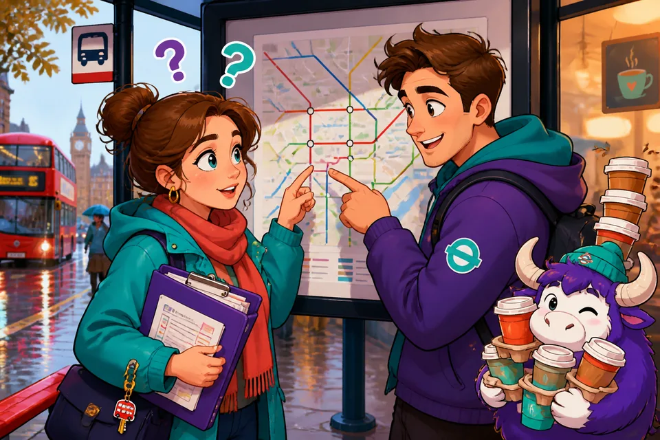 Two travellers speaking French at a platform, using phrases to ask about stops, tickets and transfers.