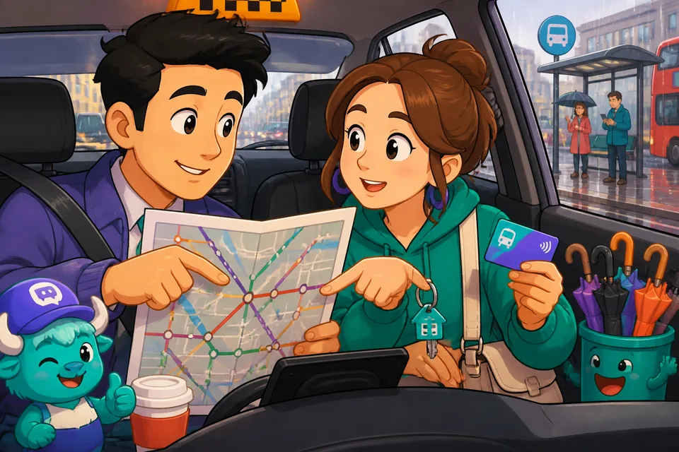 Two people speaking near a stopped taxi, showing the kind of short French conversation in this lesson.
