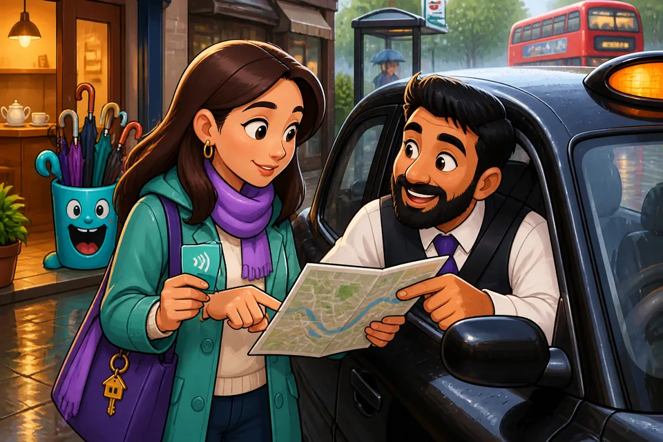 A friendly scene of a passenger checking a taxi — ideal for French learners practicing Taxi Rides vocabulary.