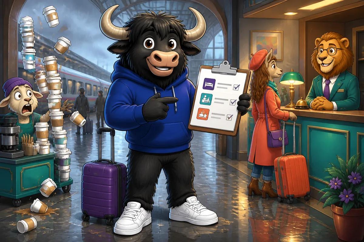 Traveler checking in at a hotel reception, French phrases for hotel accommodation practice.